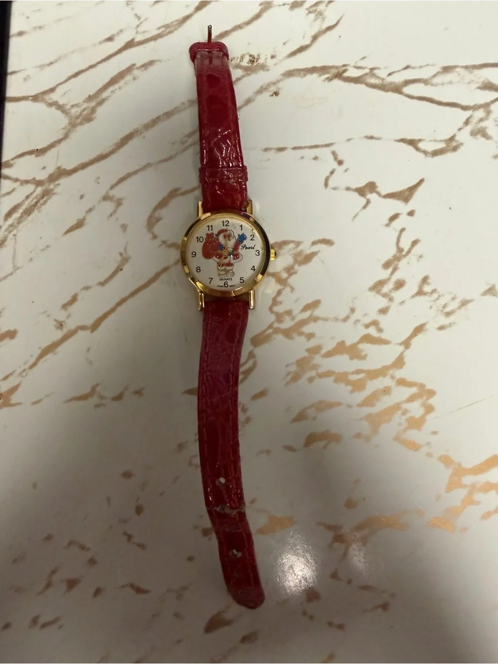 Vintage Pearl Santa Claus Quartz Watch Glitter Christmas Gold Tone Needs Band